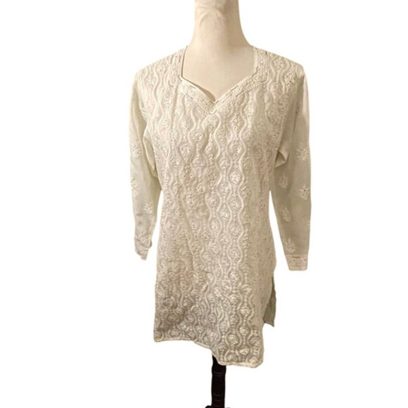 New white embroidered kurta tunic medium - Picture 1 of 6
